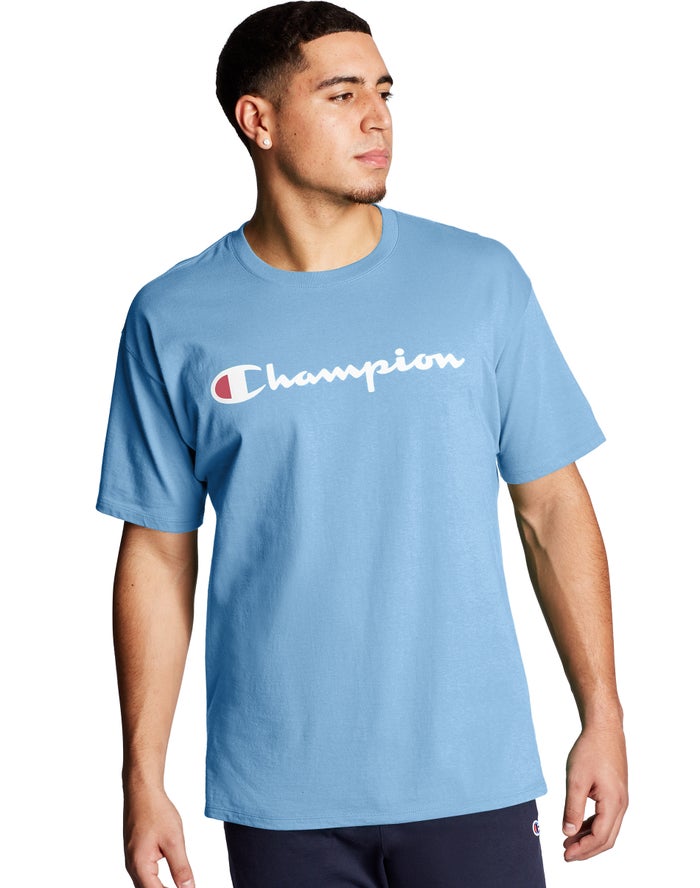 Champion Mens T-Shirt NZ - Graphic Jersey Script Logo Blue ( 3201-UJGFN )